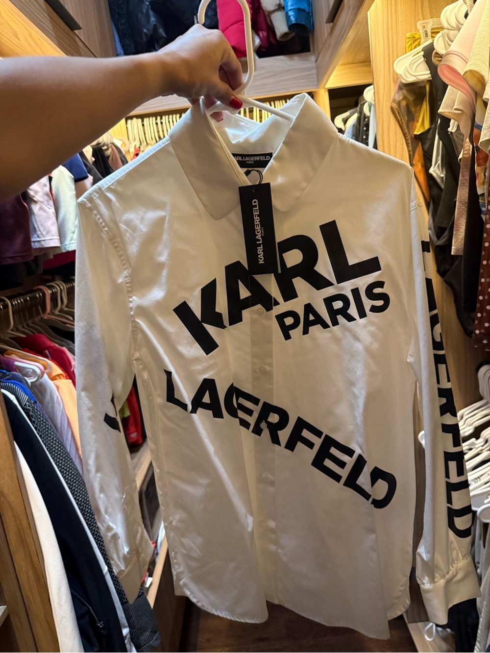 Karl Lagerfeld White Button-Down Shirt with Black Logo Print